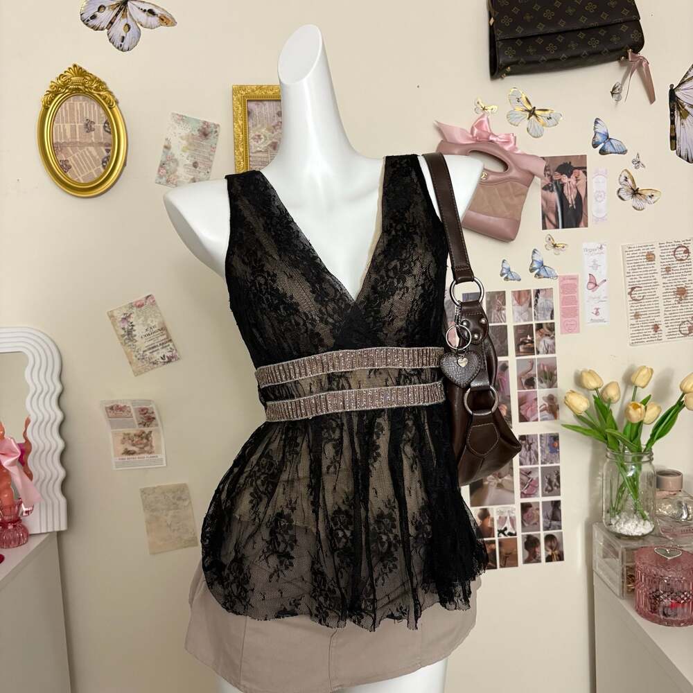 Forever 21 Sleeveless Black Lace Blouse with Sequined Waist Detail